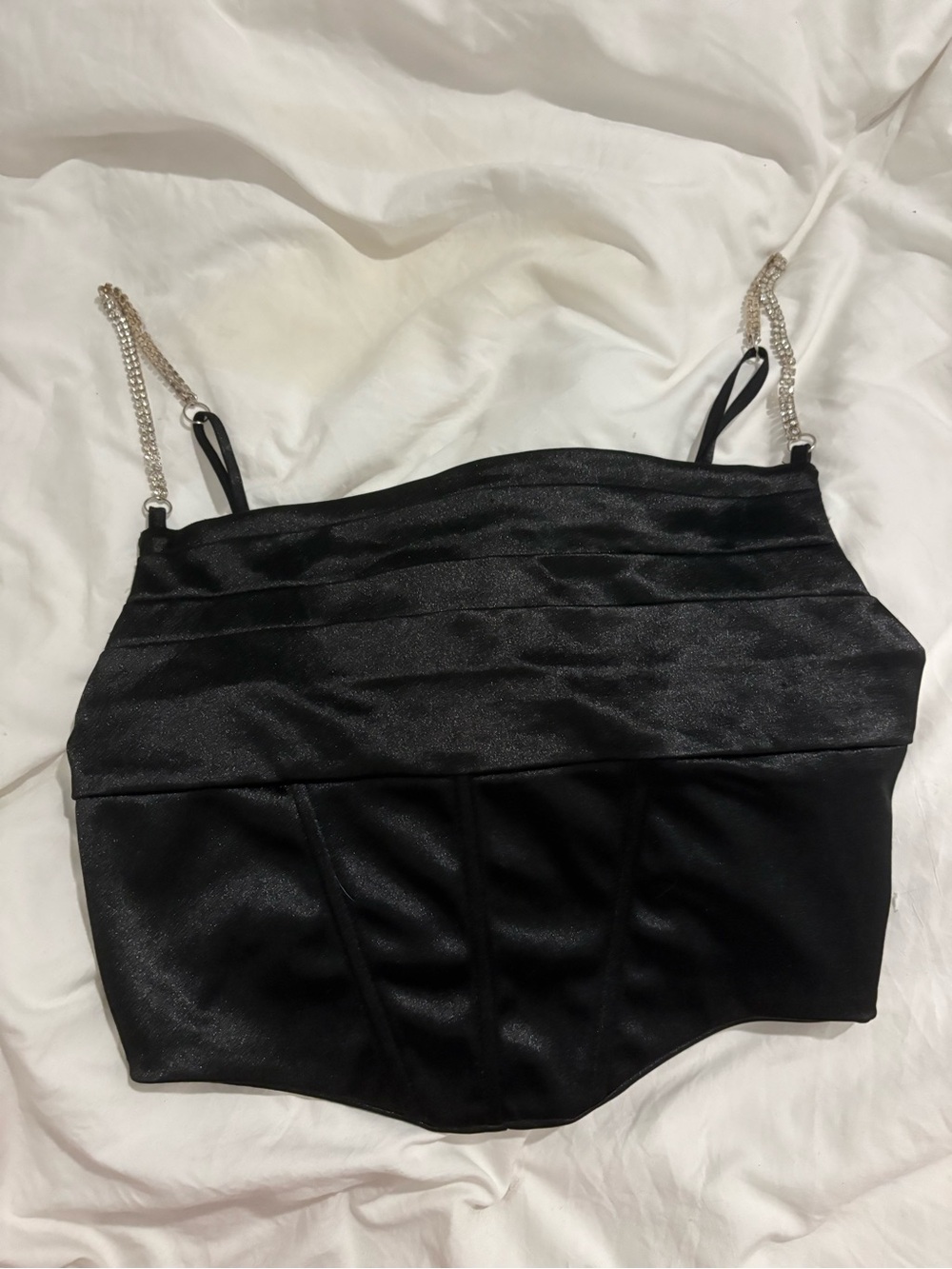 Black Satin Corset Crop Top with Chain Straps